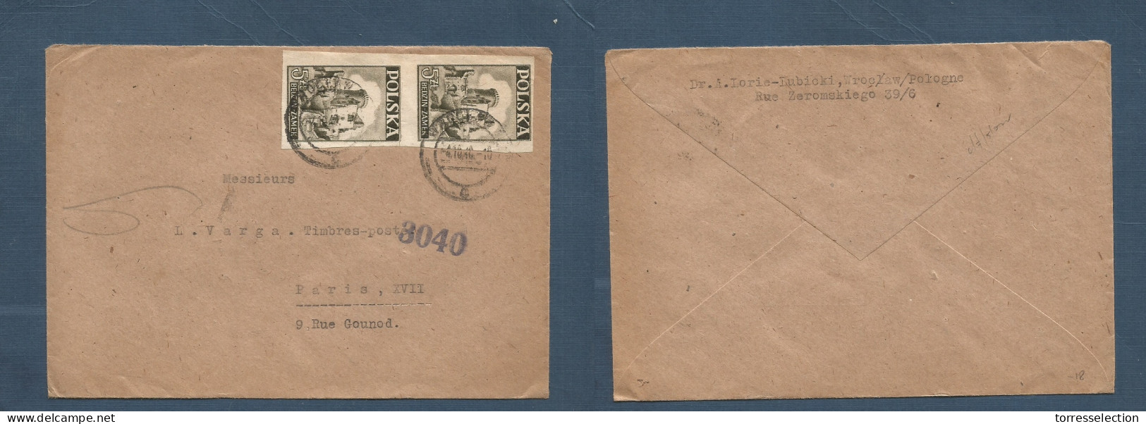 POLAND. 1948 (4 Oct) Wroclaw - France, Paris. 10 Zlt. Multifkd Imperf Stamps Env + Control Cachet. Fine. XSALE. - Altri & Non Classificati