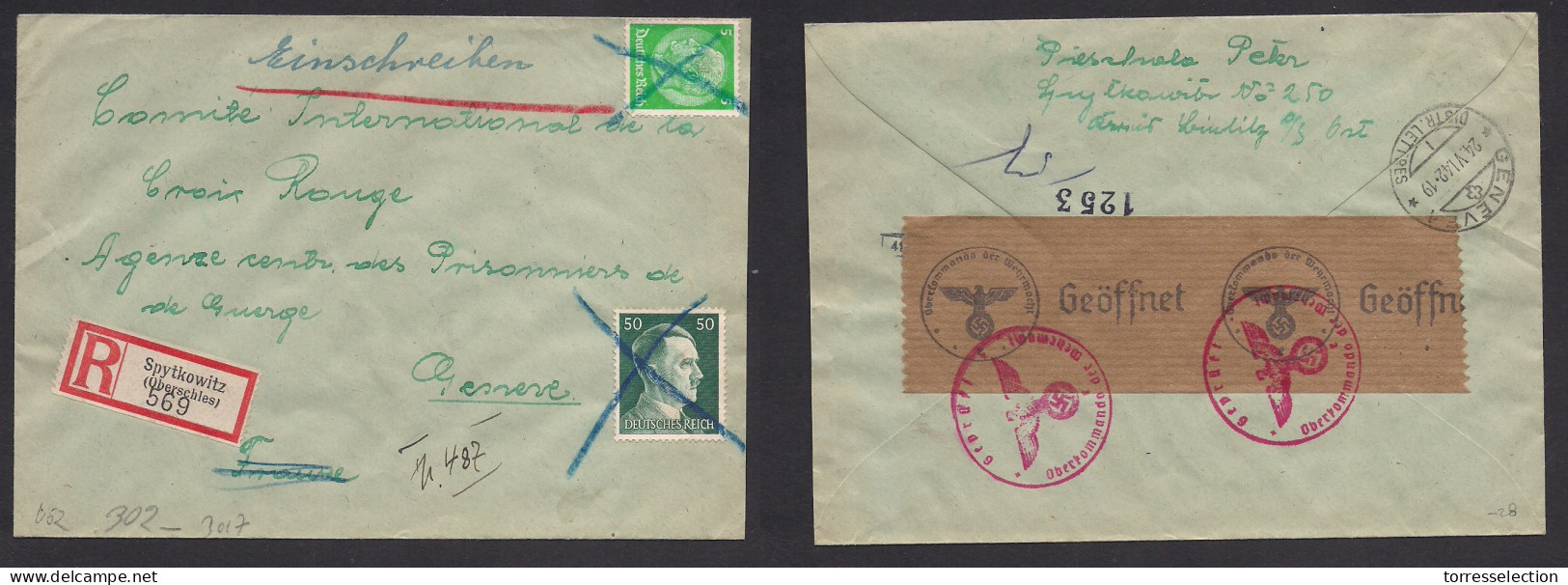 POLAND. 1942 (May) Nazi Occup, Spytkowitz - Switzerland, Geneve (24 May) Registered Multifkd Env, Mixed Issues, Censored - Sonstige & Ohne Zuordnung