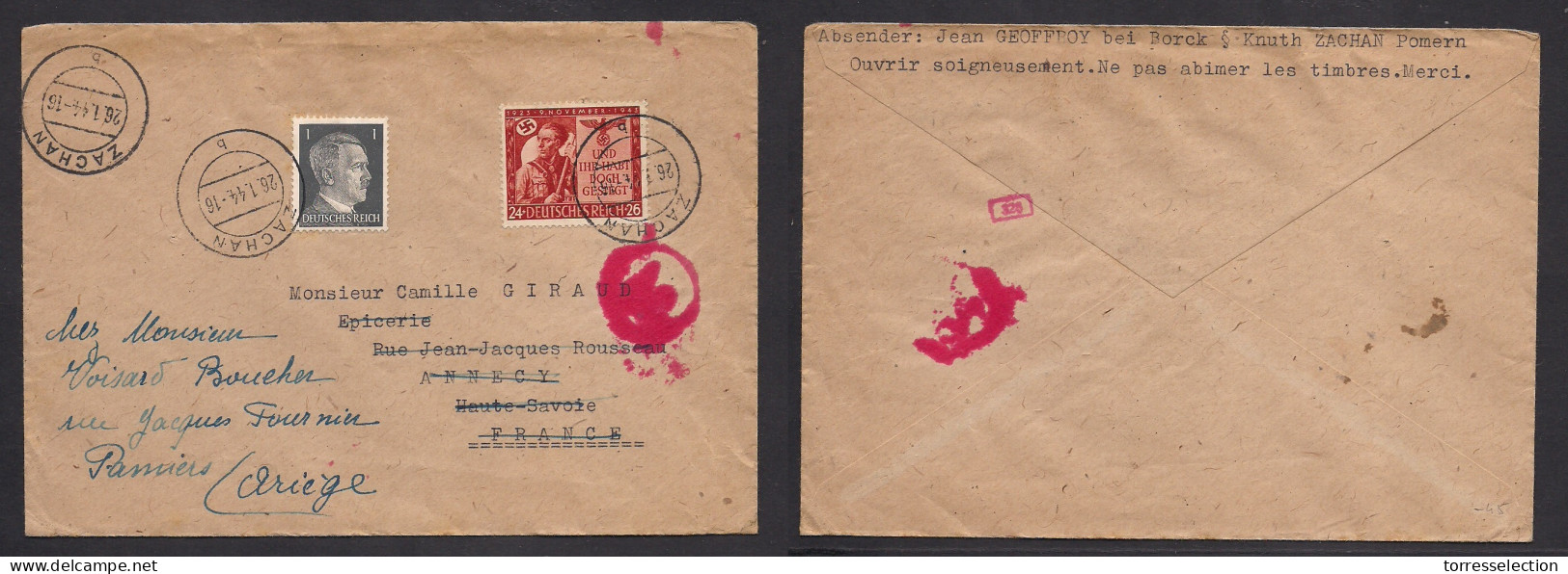 POLAND. 1944 (26 Jan) Zachan, West Pomern (Suchan) - France, Anmecy, Fwded Panniers, German Comm Fkd Envelope, Censored. - Other & Unclassified