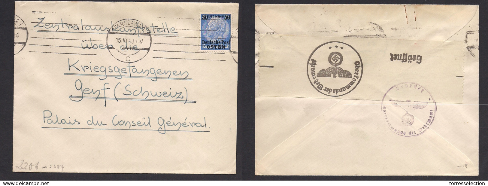 POLAND. 1940 (15 June) Nazi Occup, Warsaw - Switzerland, Geneve Red Cross POW Mail Single Fkd Env, Rolling Cachet, Censo - Andere & Zonder Classificatie