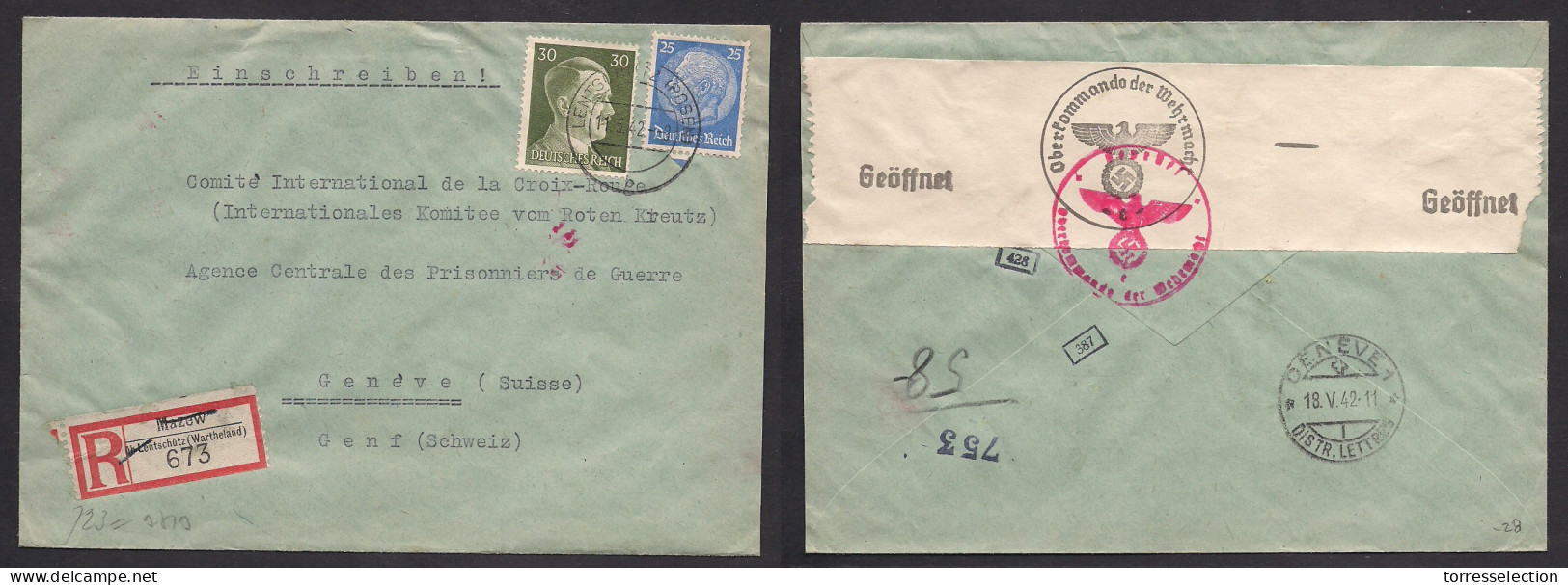 POLAND. 1942 (11 May) Nazi Occup, Mazow, Lentschutz, Wartheland (Leczyca) - Switzerland, Geneva (18 May) Multifkd Envelo - Other & Unclassified