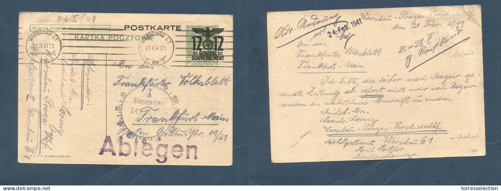 POLAND. 1941 (21 Nov) Warsaw - Germany, Frankfurt. Misplaced Ovptd. General Gov Stat Card 12 Fkd Green Stat Card. Fine U - Otros & Sin Clasificación