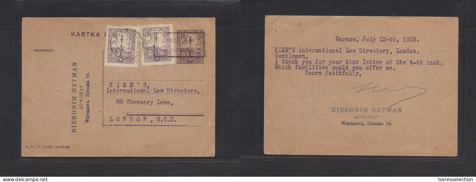 POLAND. 1928 (12 July) Warsaw - London, UK. 10gr Lilac Stat Card + 2 Adtls, Tied Rolling Slogan Cachet. Fine. XSALE. - Other & Unclassified