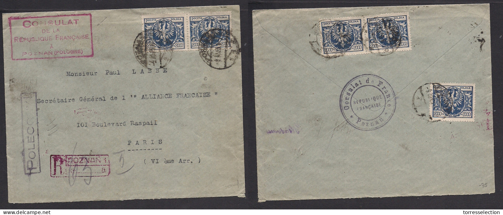 POLAND. 1923 (4 Oct) High Inflation Period. French Consular Mail Poznan - France, Paris. Multifkd Front And Reverse Enve - Other & Unclassified