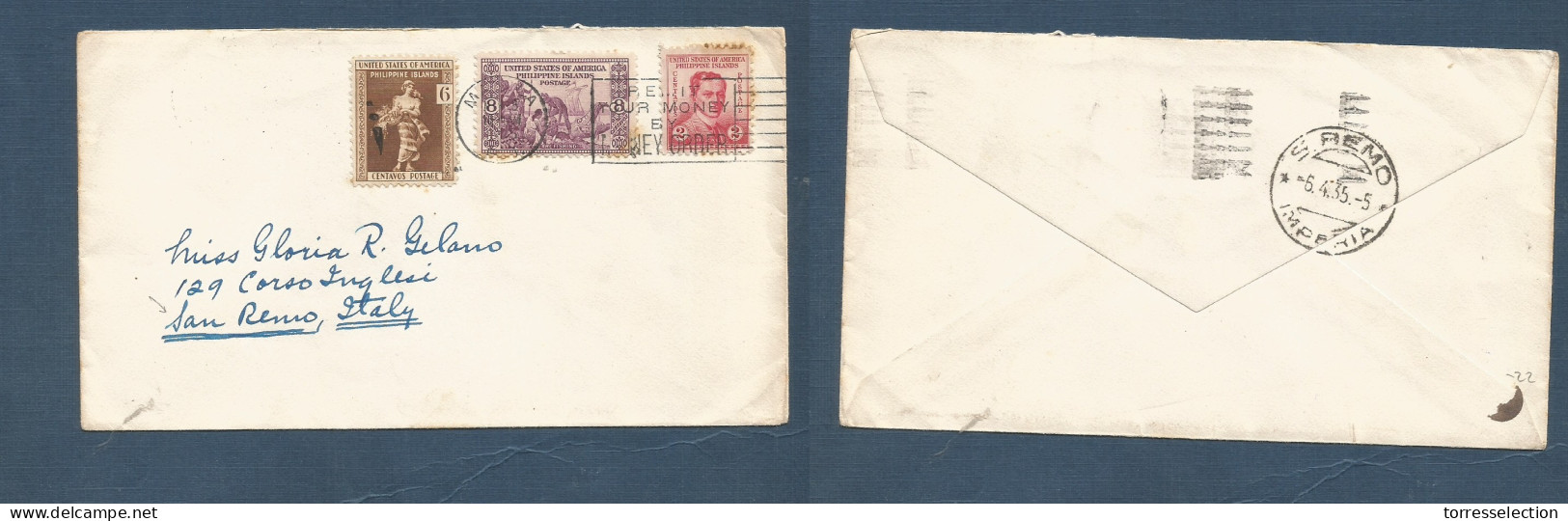 PHILIPPINES. 1935. Manila - San Remo, Italy 6 Abr. Multifkd Envelope. Family Correspondence. Better Destination. 16c Rat - Filipinas