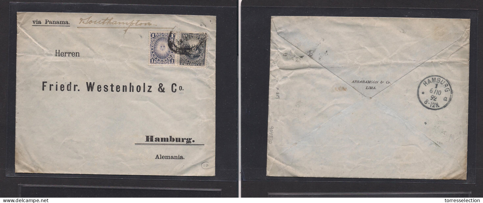 PERU. Peru - Cover - 1892 Lima To Hamburg Germany Fkd Env 11c Rate Via Panama Southampton. Easy Deal. XSALE. - Peru