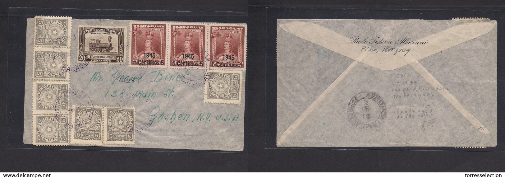 PERU. 1946 (21 Aug) Distrito Pilar - USA, Goshen, NY. Multifkd Mixed Issues Envelope Incl 1945 Ovptd. XSALE. - Peru
