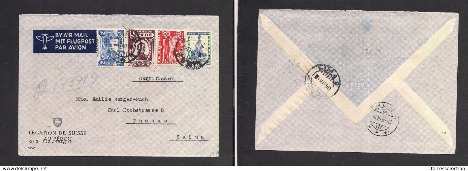 PERU. 1950 (4 March) Swiss Consular Mail. Lima - Thonne, Switzerland (10 March) Registered Air Multifkd Env 3,40 Soles R - Perú