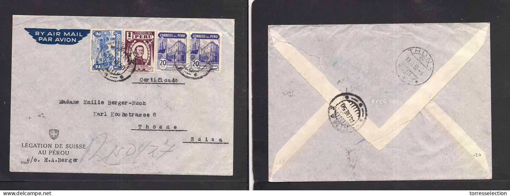 PERU. 1950 (14 Jan) Swiss Consular Mail. Air Multifkd Env 3,40 Roles Rate. VF. XSALE. - Peru