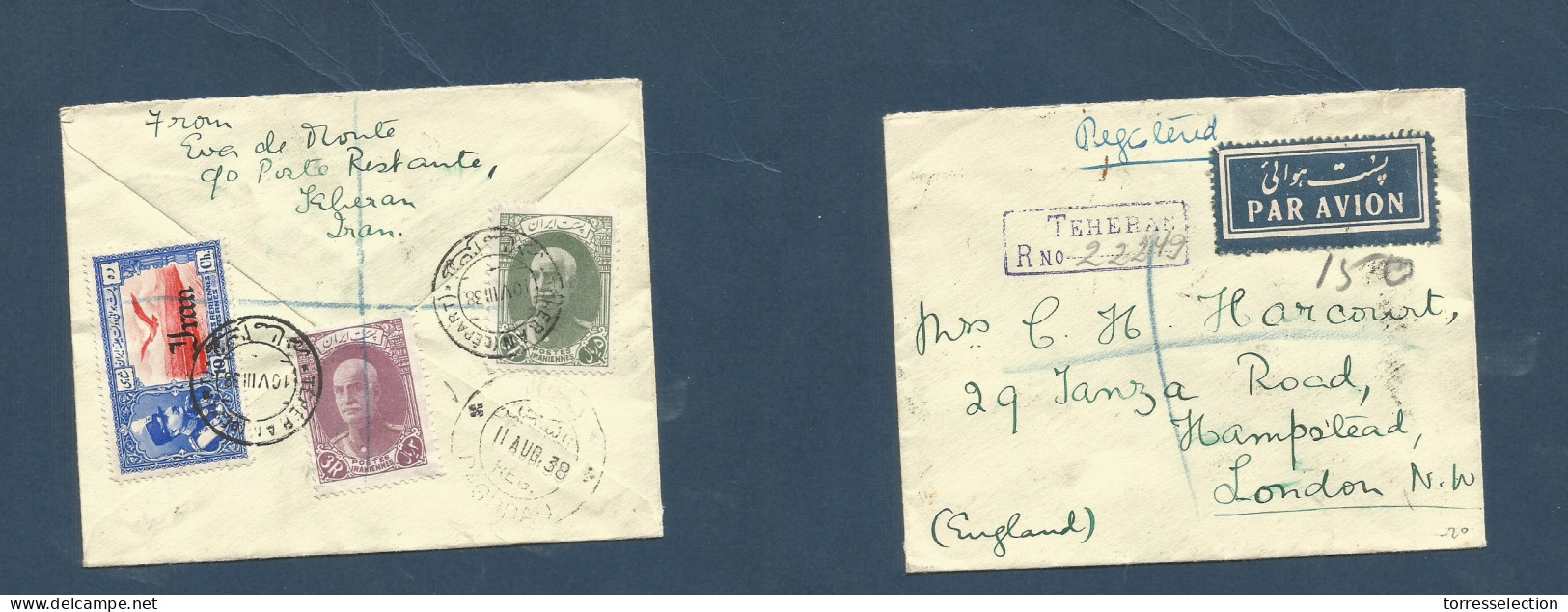 PERSIA. 1938 (10 Aug) Teheran - London, UK. Hampstead Reverse Registered Air Multifkd Envelope. Via Baghdad, Iraq. XSALE - Iran