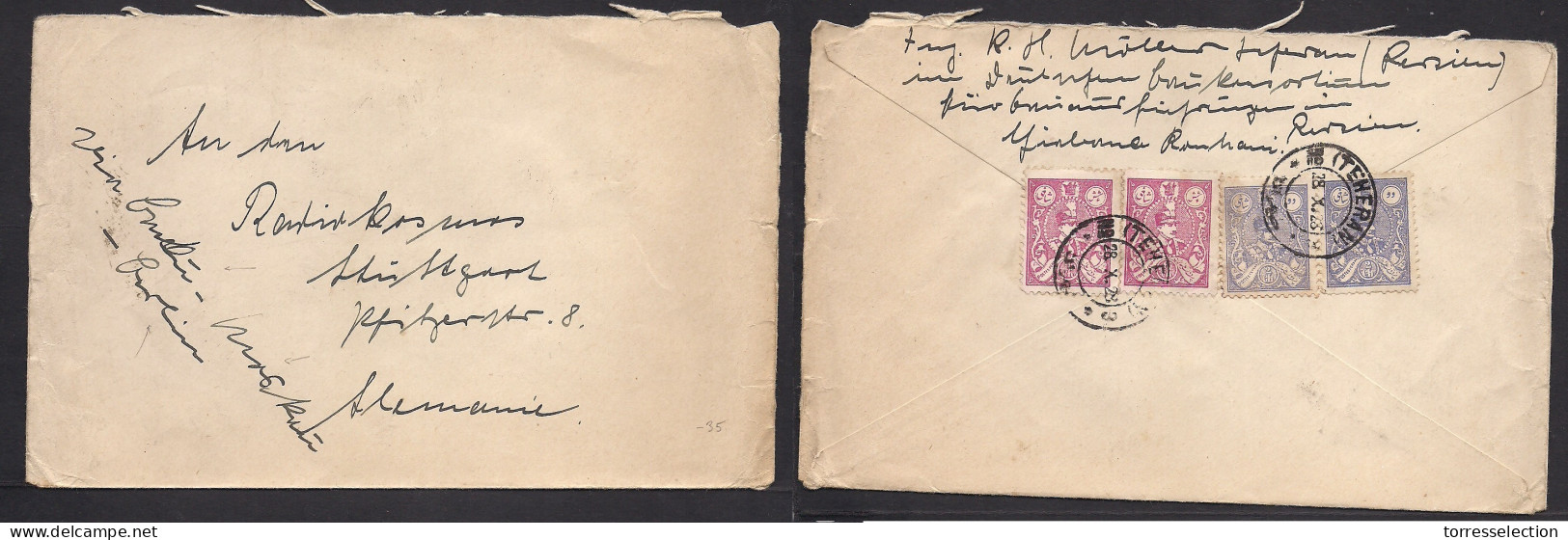 PERSIA. 1928 (28 Oct) Teheran - Germany, Stuttgart. Reverse Multifkd Env. Airmail Transited Endorsement On Front. XSALE. - Irán