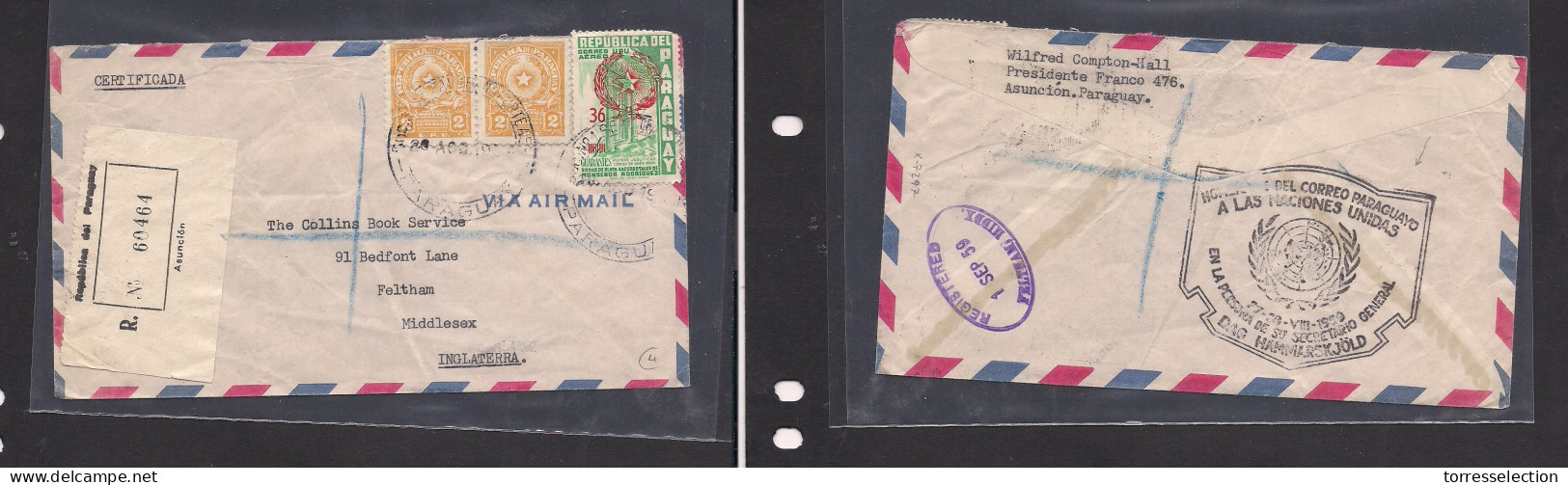PARAGUAY. Paraguay Cover 1959 Asuncion To UK Feltham Registr Mult Fkd Env Reverse UNO Cachet. Easy Deal. XSALE. - Paraguay