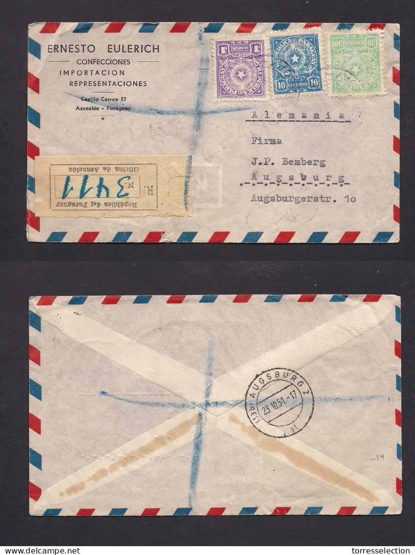 PARAGUAY. 1951 (Oct) Asuncion - Germany, Augsburg (23 Oct) Registered Multifkd Env. VF Used. XSALE. - Paraguay