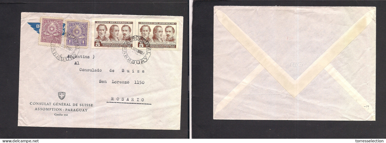 PARAGUAY. C. 1961 (14 Nov) Asuncion - Rosario, Argentina. Swiss Consular Mail. Multifkd Env. XSALE. - Paraguay