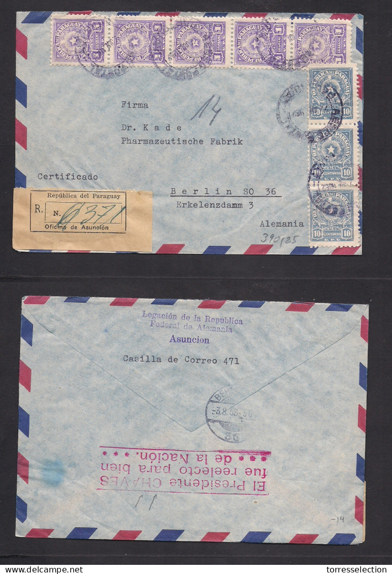 PARAGUAY. 1953 (27 Julio) Asuncion - Germany, Berlin (3 Aug) Registered Air Multifkd Env + Red Political Cachet Reverse: - Paraguay