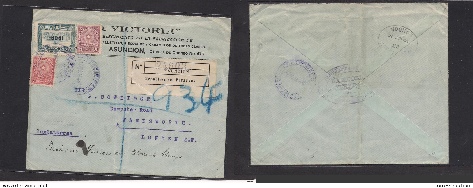 PARAGUAY. 1914 (17 Apr) Asuncion - London, UK (10 May) Registered Multifkd Env. XSALE. - Paraguay