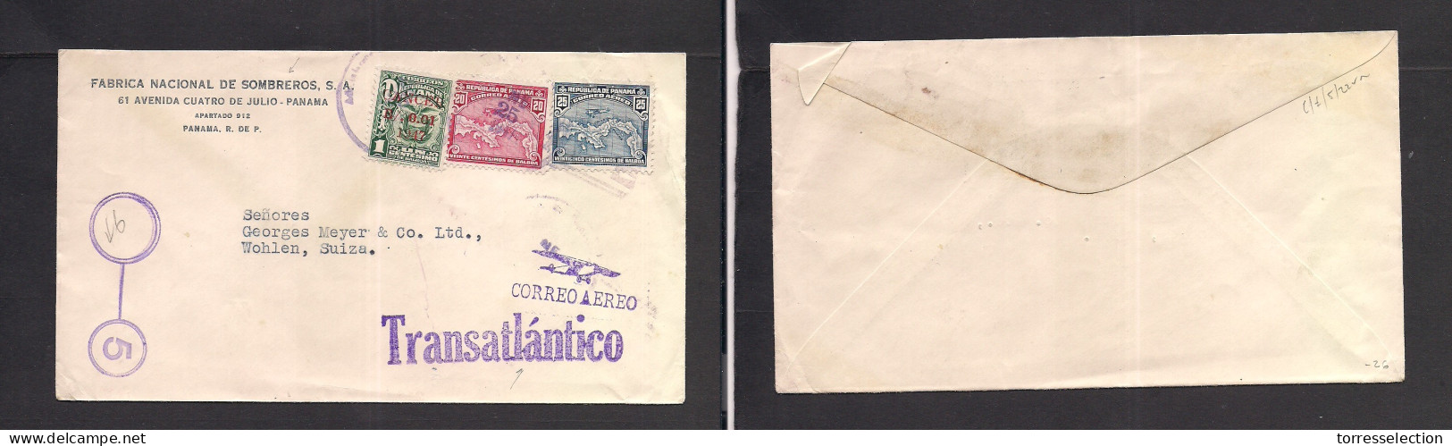 PANAMA. 1947 (25 June) GPO - Switzerland, Wohlen. Air Transatlantico Special Cachet. Multifkd Envelope. XSALE. - Panama