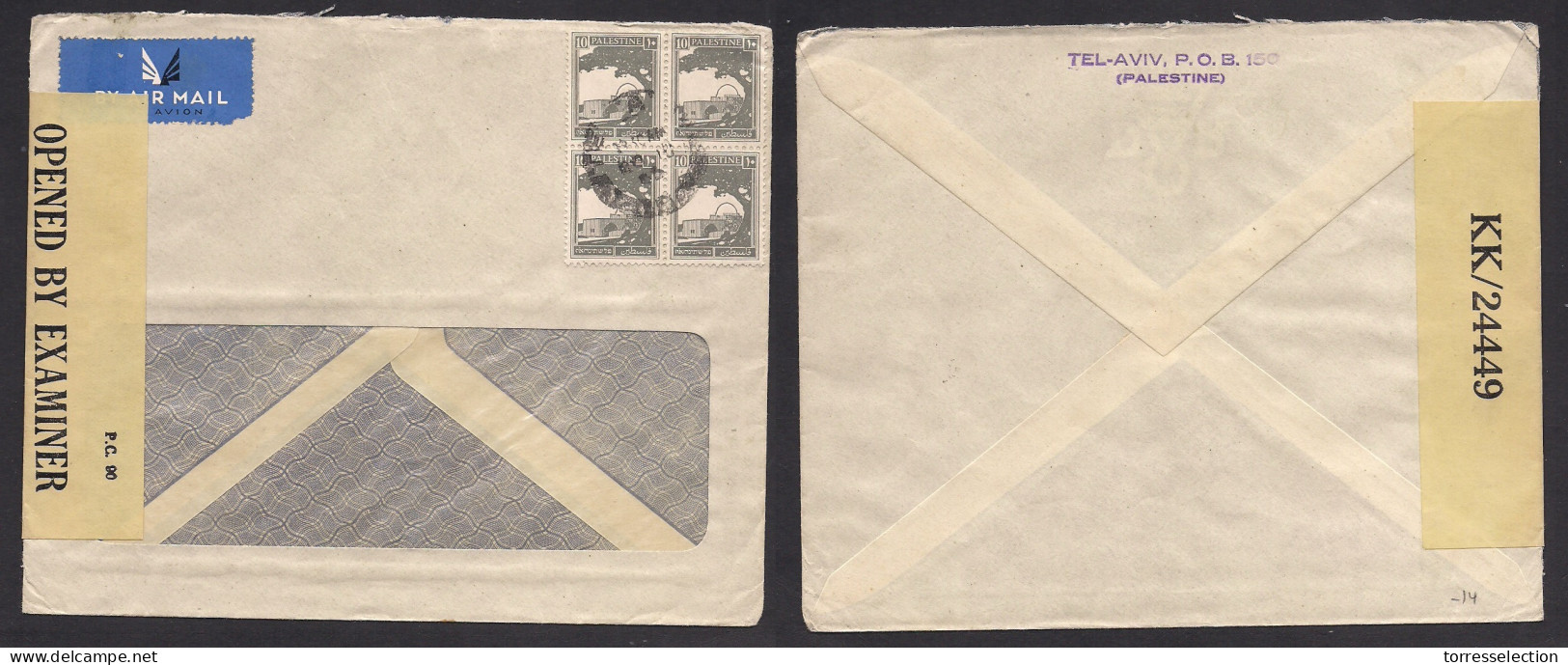PALESTINE. 1940 (20 Nov) Tel Aviv International Censored Airmail Multifkd Env, 10p Block Of Four. XSALE. - Palästina