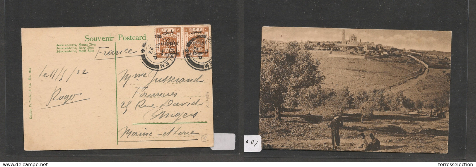 PALESTINE. Palestine Cover - 1922 Jerusalem To Angers France Mult Fkd Pcard Ovpted Issue, Fine XSALE. - Palestine