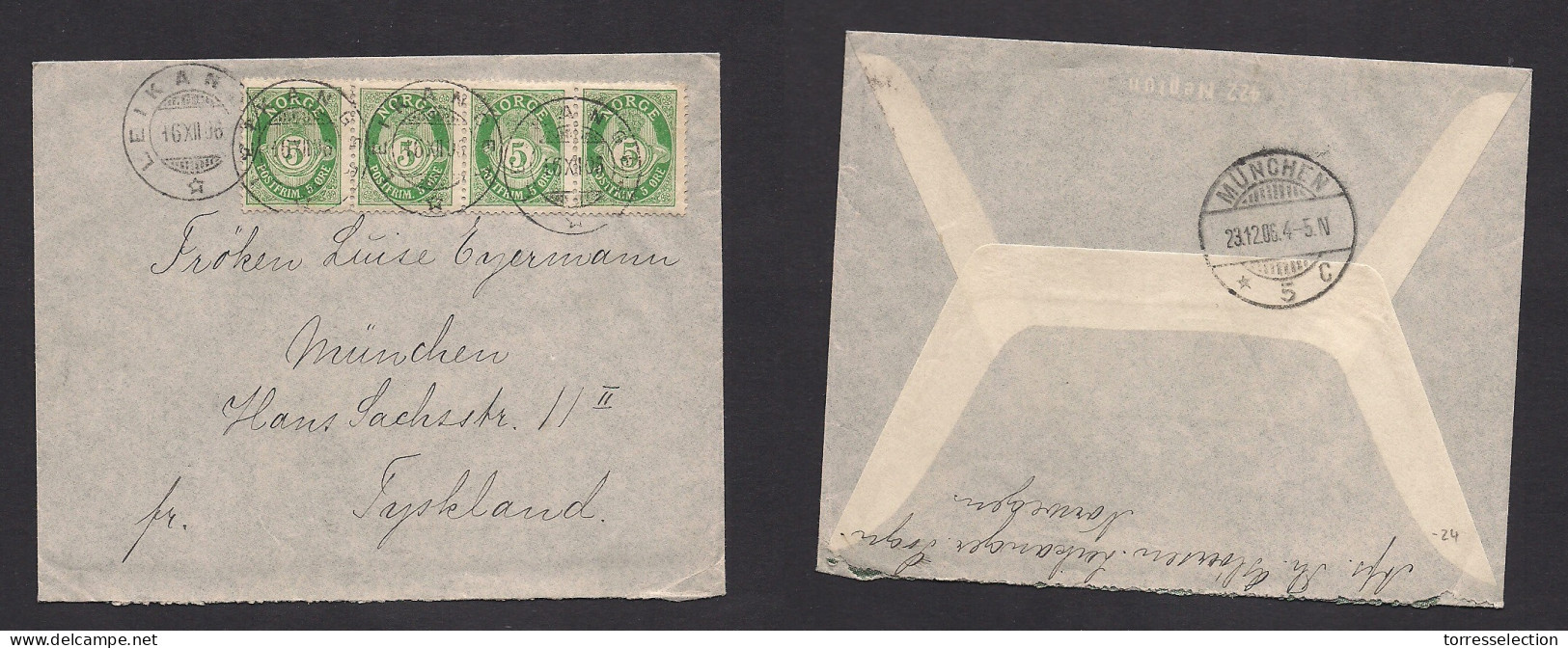 NORWAY. 1906 (16 Dec) Leikagor - Germany, Munich. Multifkd Env. 5 Ore Green Hong Strip Of Four, Tied Cds. XSALE. - Other & Unclassified