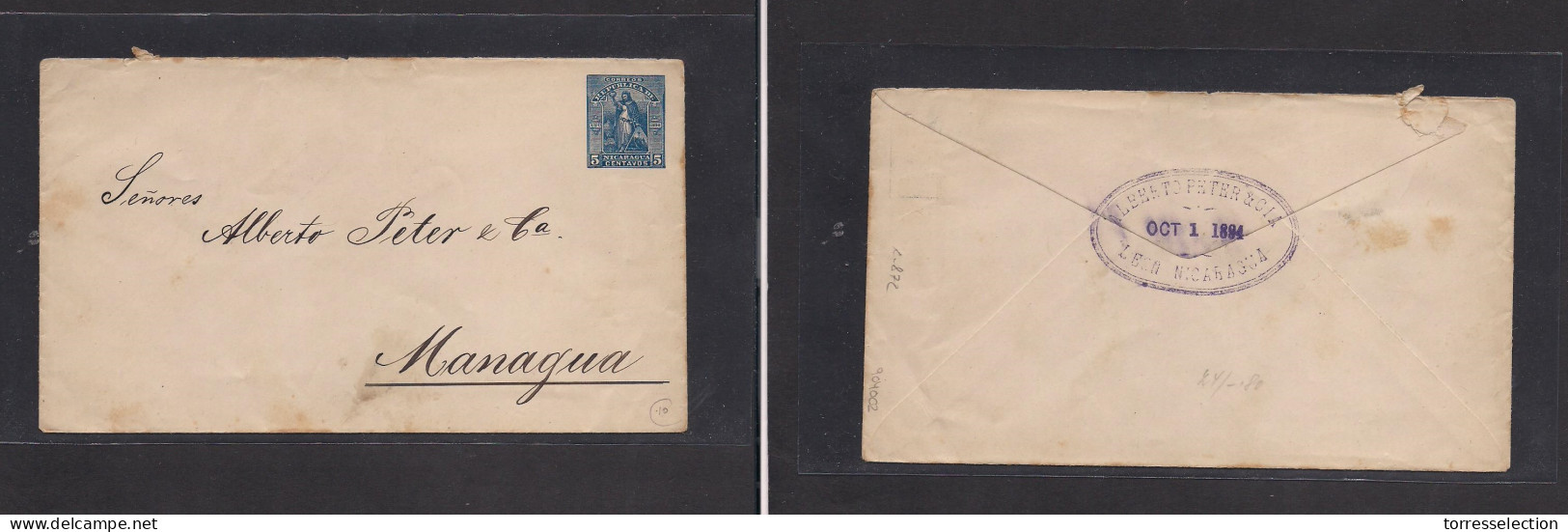 NICARAGUA. Nicaragua - Cover - 1894 Leon To Managua 5c Blue Stat Env, Scarce Circulated, Fine. Easy Deal. XSALE. - Nicaragua