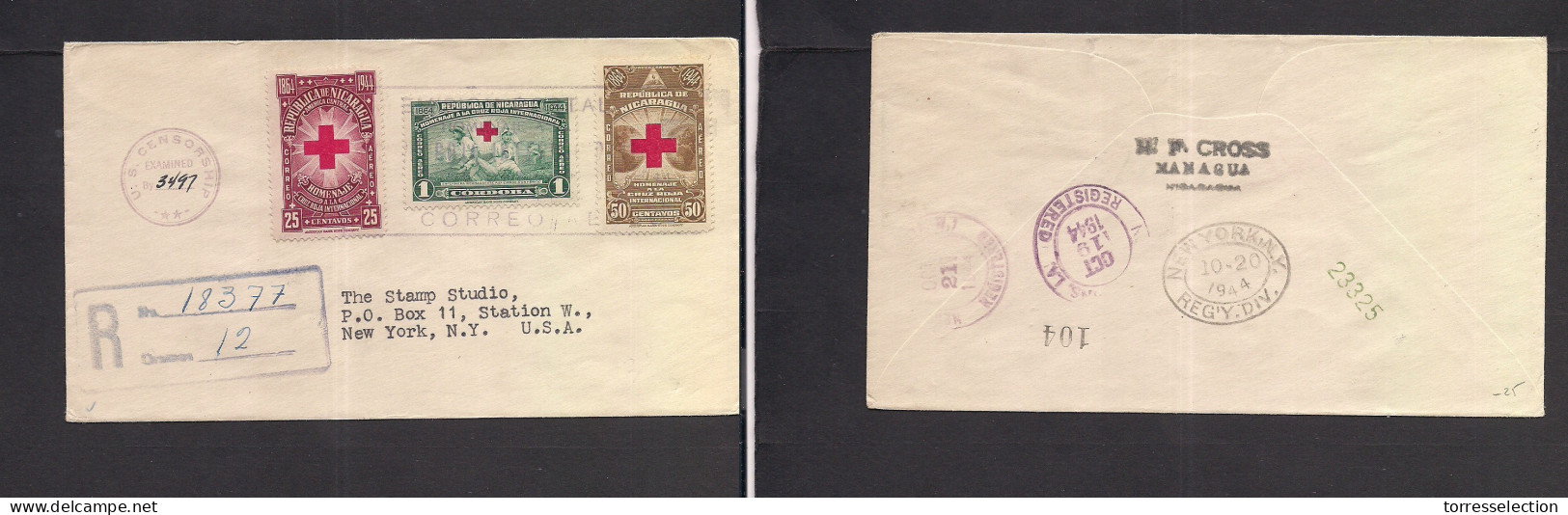 NICARAGUA. 1944. Managua - USA, NYC (20 Oct) Cruz Roja. Sobre Certificado Circulado Franqueo Multiple. XSALE. - Nicaragua
