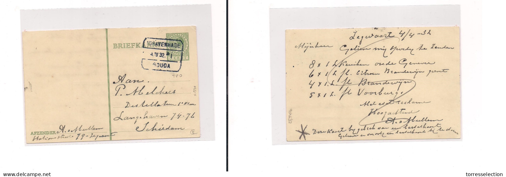 NETHERLANDS. Netherlands - Cover -  1932 Tpo Gravenhage - Gouda Stat Card. Easy Deal. XSALE. - Other & Unclassified