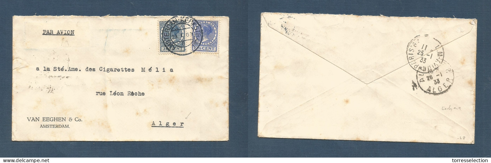 NETHERLANDS. 1933 (23 Jan) Amsterdan - Algeria (26 Jan) Via Paris. Comercial Multifkd Airmail Envelope. Fast Trip. XSALE - Altri & Non Classificati