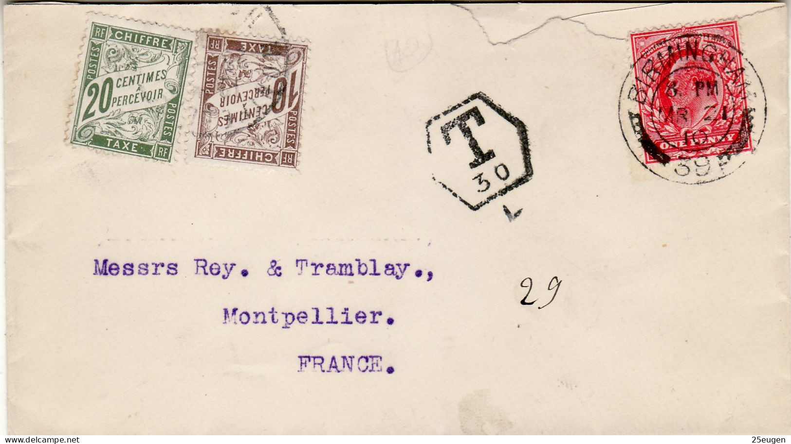 GREAT BRITAIN 1910 LETTER WITH FRENCH SURCHARGE SENT FROM BIRMINGHAM TO MONTPELLIER - Storia Postale