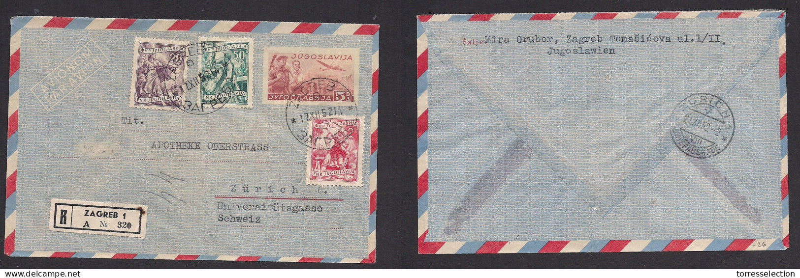 YUGOSLAVIA. 1952 (17 Dec) Zagreb - Switzerland, Zurich (21 Dec) Registered Multifkd Airmail Stat Env. Fine Used. XSALE. - Autres & Non Classés