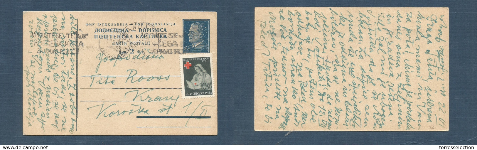YUGOSLAVIA. 1951 (22 June) Belgrade - Kraina (23 June) 2 Din Tito Stat Card + Adtl Red Cross 0,50 Dr, Rolling Cachet. XS - Other & Unclassified
