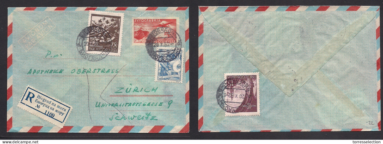 YUGOSLAVIA. 1952 (20 Oct) Belgrade / Biograd - Switzerland, Zurich. Registered Air Stat Envelope + 3 Adtls, Tied Cds. Fi - Sonstige & Ohne Zuordnung
