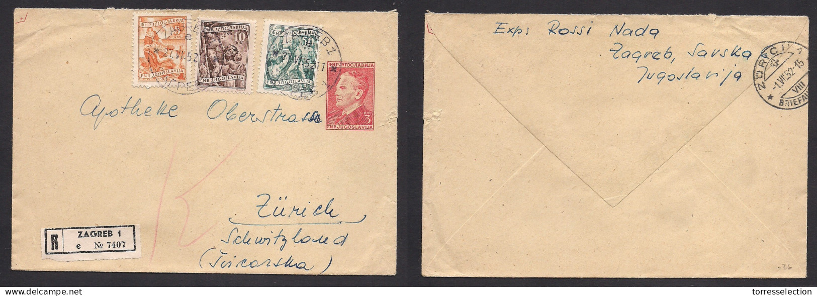YUGOSLAVIA. 1952 (27 June) Zagreb - Switzerland, Zurich (1 July) Registered 3dm Red + 3 Adtls Stat Env. VF + R-label. XS - Altri & Non Classificati