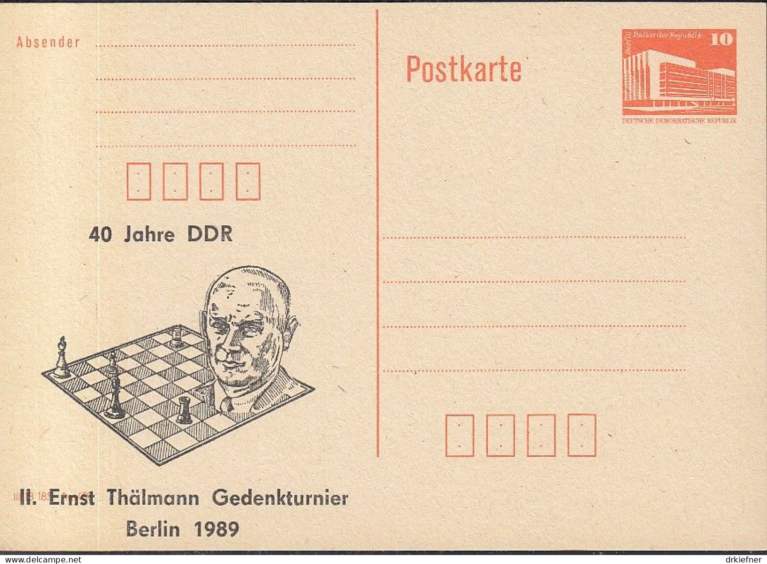 DDR PP 19 II, Ungebraucht, Schach, II. Ernst Thälmann Turnier, 40 Jahre DDR, 1989 - Private Postcards - Mint