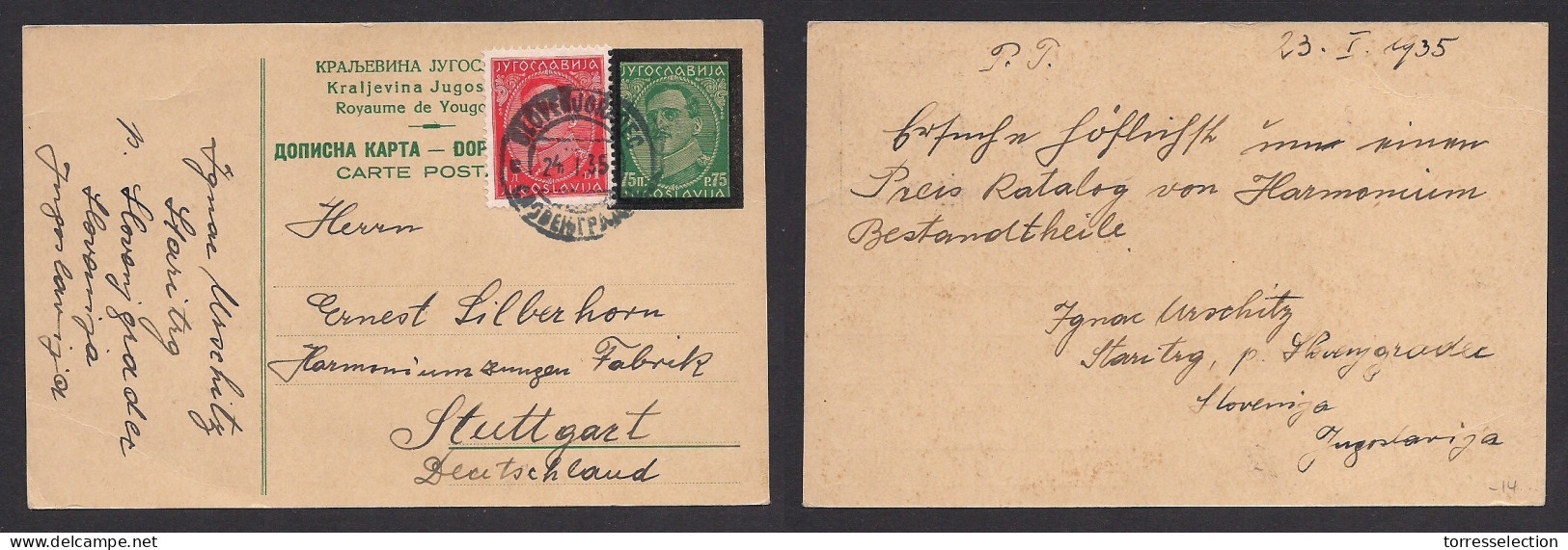 YUGOSLAVIA. 1935 (23-24 Jan) Starteg, Slovenia - Germany, Stuttgart. 75p Green Stat Card + Adtl, Tied Cds. Fine Used. XS - Andere & Zonder Classificatie