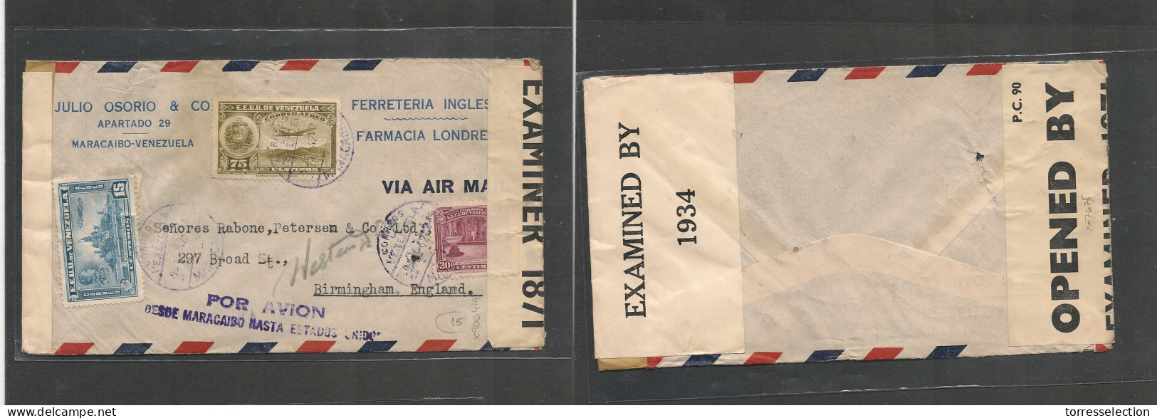 VENEZUELA. Venezuela Cover - 1942 WW2 Maracaibo To UK Birmingham Air Mult Fkd Env Dual Censored Special Air Cachet Por A - Venezuela