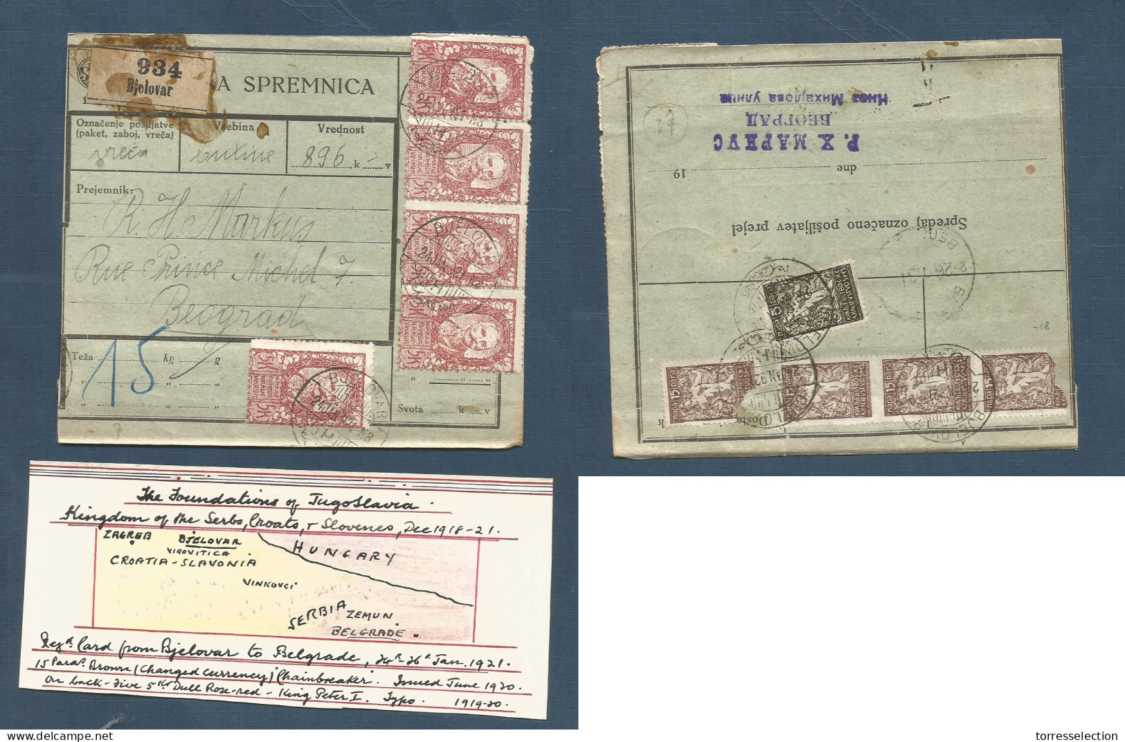YUGOSLAVIA. 1921 (24 Jan) Bjelovar - Belgrade. Multifkd Front And Reverse Package Postal Receipt. Former Hungary Town. X - Sonstige & Ohne Zuordnung