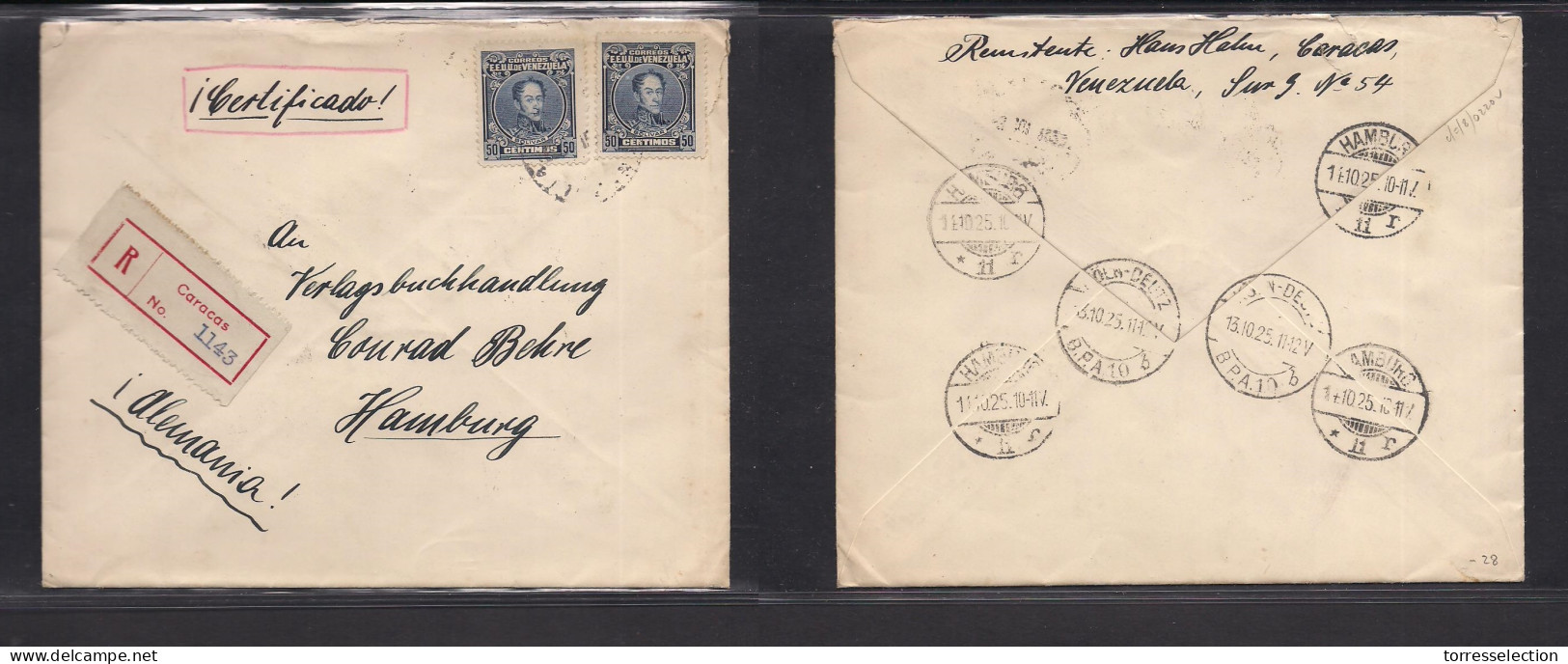VENEZUELA. 1925 (Sept) Caracas - Germany, Hamburg (3 Oct) Registered Multifkd Env 1 Peso Rate + R-label. Fine. XSALE. - Venezuela