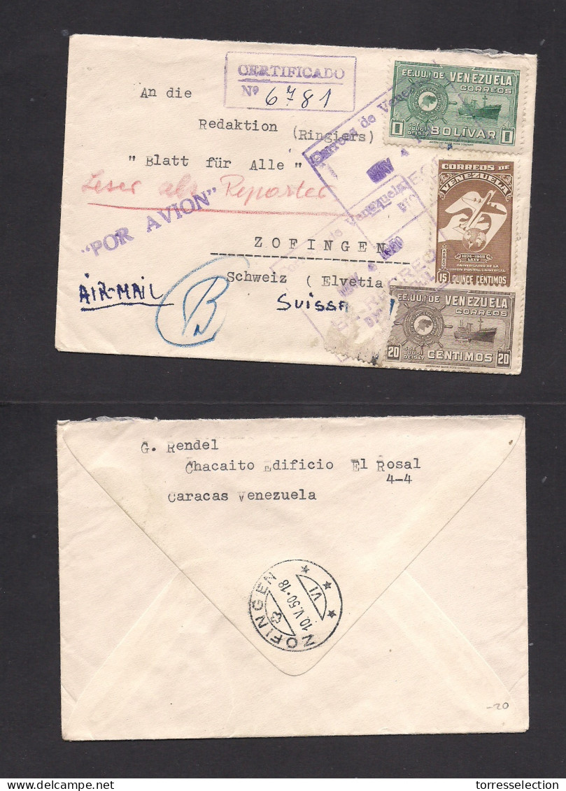 VENEZUELA. 1950 (4 Mayo) El Recreo - Switzerland, Zofingen (10 May) Registered Air Multifkd Env. XSALE. - Venezuela