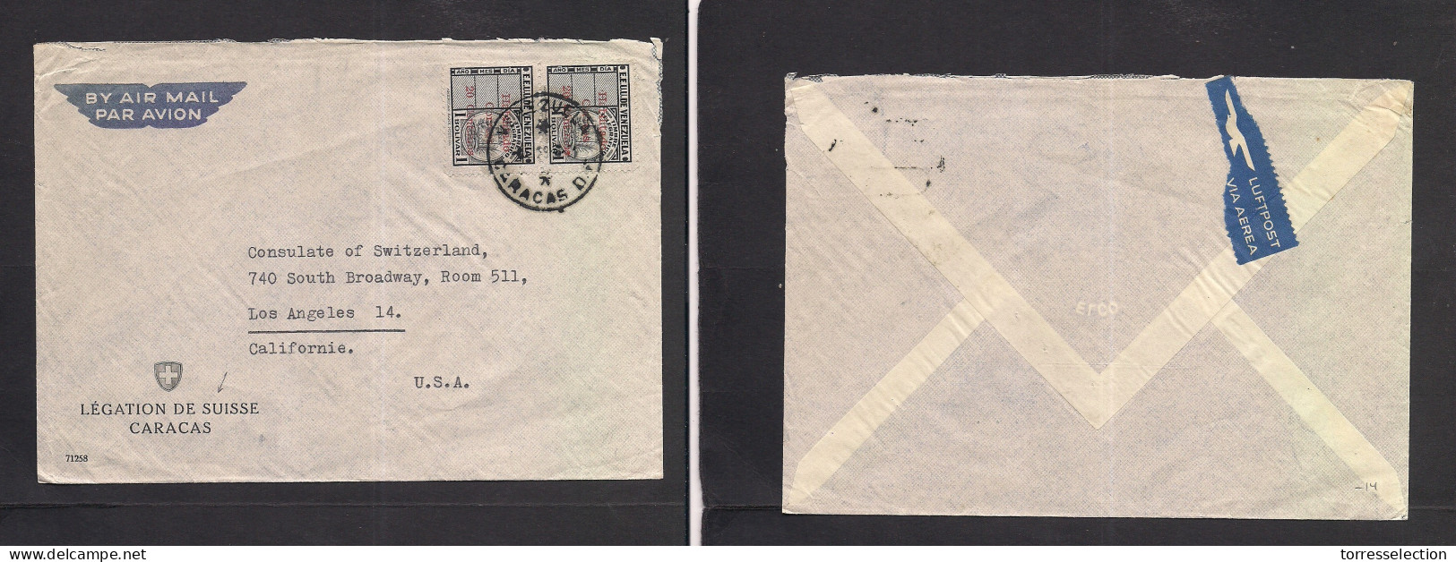 VENEZUELA. 1953. Swiss Consular Mail. Habilitado Stamps. Caracas - USA, CA, Los Angeles. Fine Usage. XSALE. - Venezuela