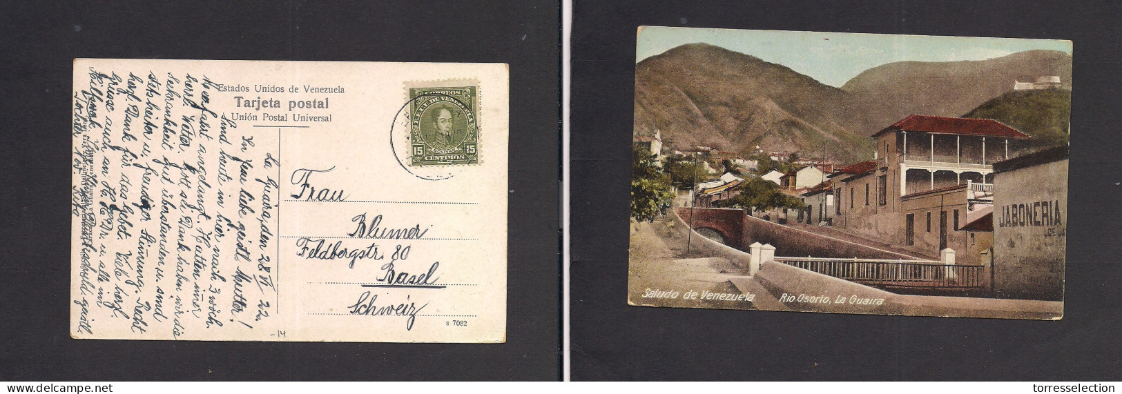 VENEZUELA. 1922 (28 June) La Juaira - Switzerland, Basel. Fkd Ppc. Rio Osorio Card. Interesting. XSALE. - Venezuela