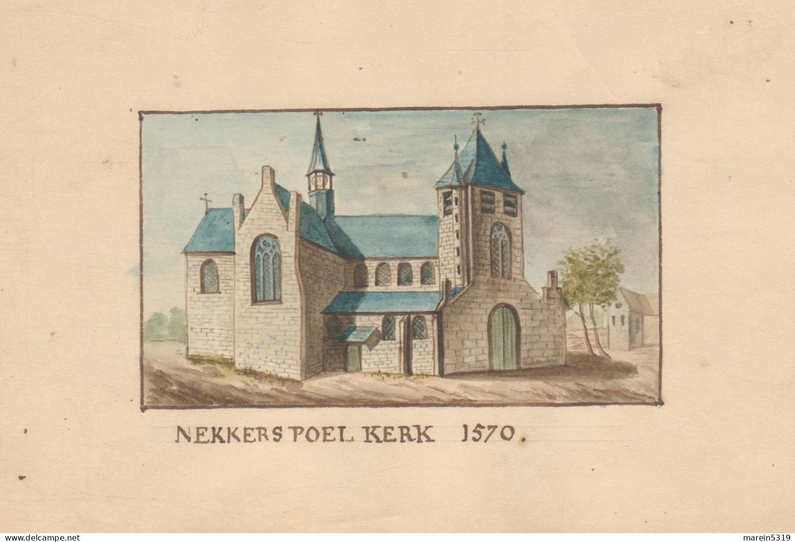 Mechelen  " Oude Aquarel - Nekkerspoel Kerk Anno 1570 - Postkaart Formaat Oud - Mechelen