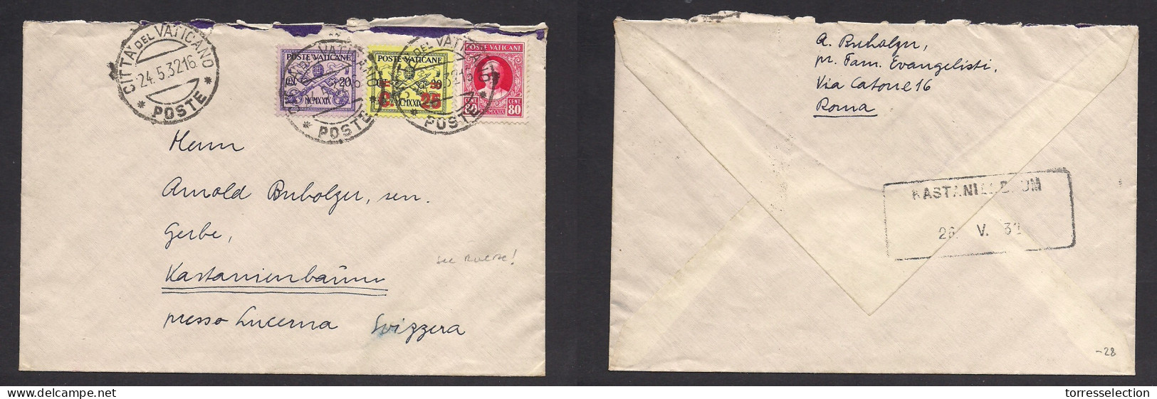 VATICAN. 1932 (24 May) Citta - Switzerland, Kastaniembaum, Luzern (26 May) Multifkd Env Cds. Fine. Arrival Box Rare Cach - Altri & Non Classificati