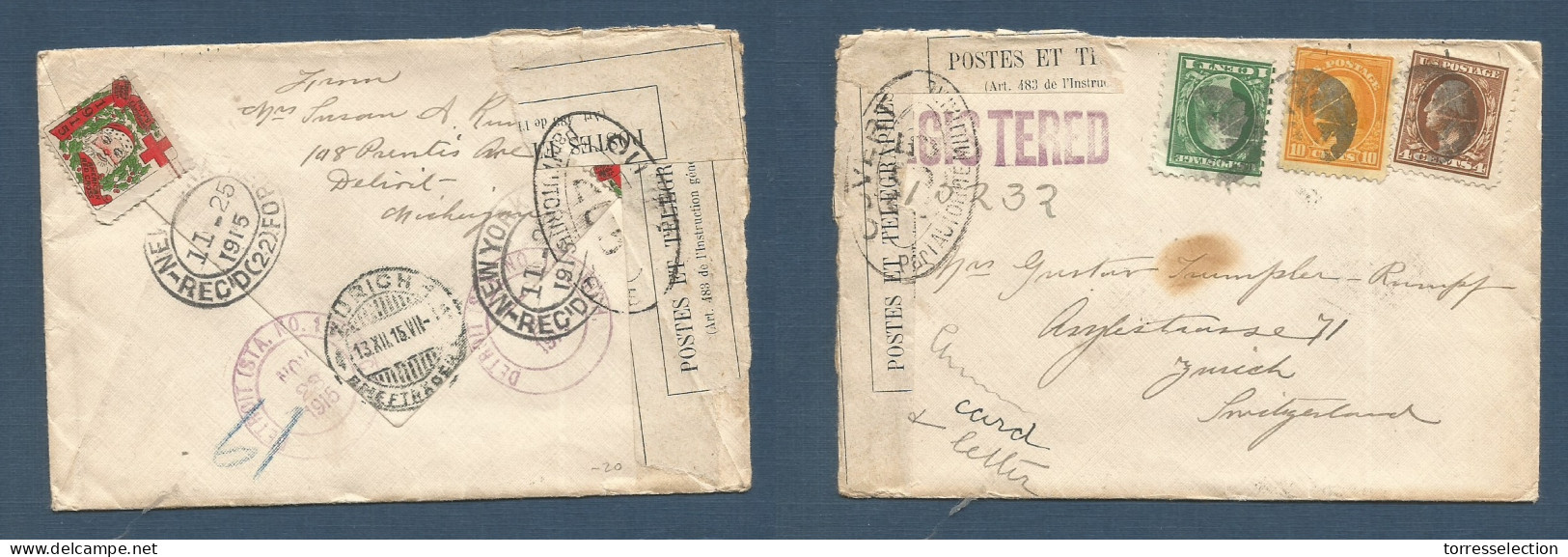 USA - XX. 1915 (23 Nov) Detroit, Mich - Switzerland, Zurich (13 Dec) Registered Multifkd WWI Censor Envelope Reverse Tra - Other & Unclassified