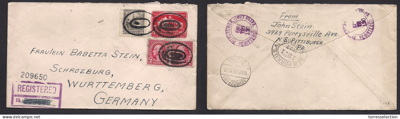 USA - Stationery. 1933 (Oct 31) Pittsburgh, PA - Germany, Schrozburg. Registered 2c Red Stat Env + 3 Adtls, Tied. Fine.  - Autres & Non Classés