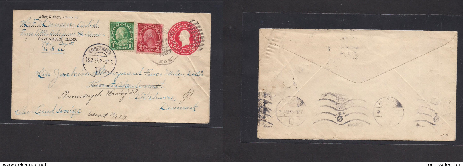 USA - Stationery. 1927 (Jan 31) Savonburg, Kansas - Denmark, Cph. 2cts Red Stat Env + Adtl Fkg From "Fine Little Oils Fr - Other & Unclassified