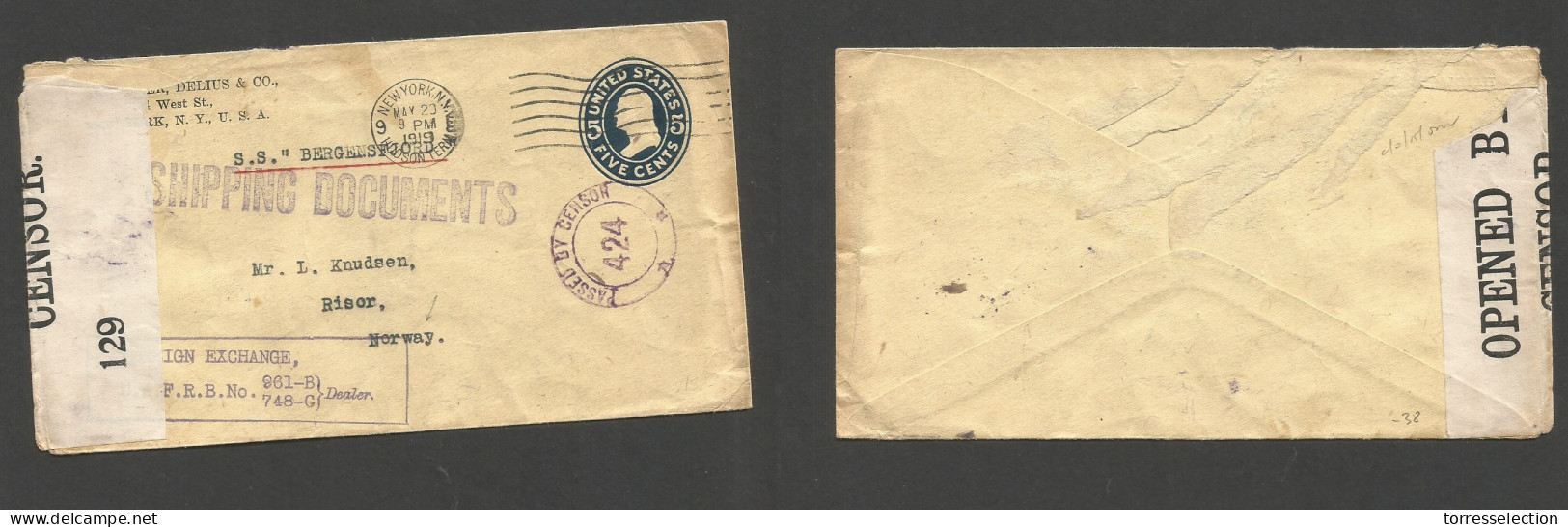 USA - Stationery. 1919 (29 May) NYC - Norway, Risor. 5c Blue Stat Env + WWI Censored Via British Mail. XSALE. - Sonstige & Ohne Zuordnung