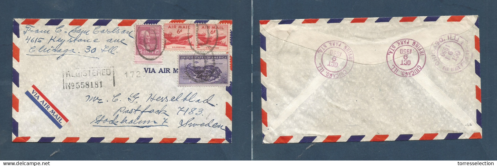 USA - Prexies. 1950 (9 Oct) Chicago - Sweden, Stockholm. Registered Air Multifkd Env At 40c Rate. Nice Cond. XSALE. - Andere & Zonder Classificatie