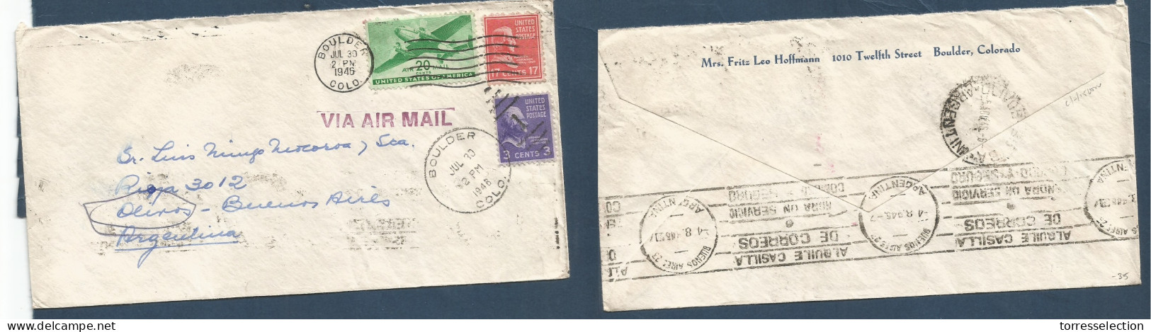 USA - Prexies. 1946 (30 July) Boulder, CO - Argentina, Buenos Aires (4 Aug) 40c Rate Multifkd Env. Nice Item. XSALE. - Sonstige & Ohne Zuordnung