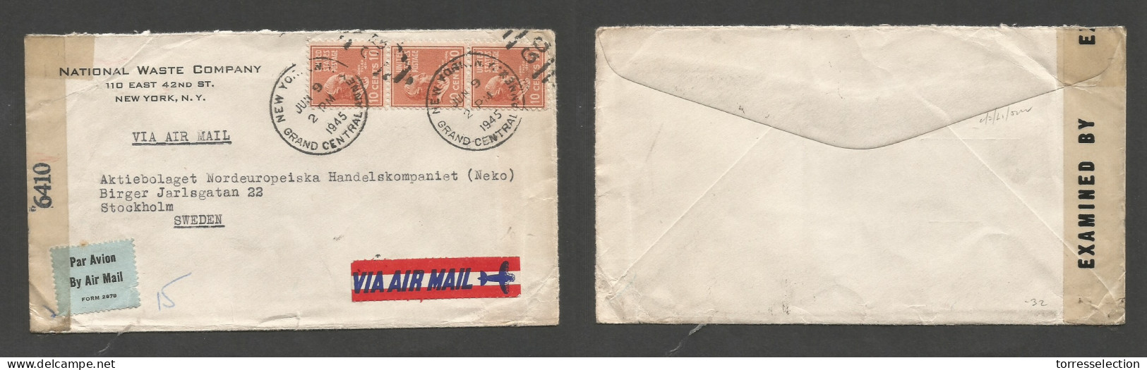 USA - Prexies. 1945 (9 June) NYC - Sweden, Stockholm. Air Multifkd Env. WWII Censored, At 30c Rate. XSALE. - Other & Unclassified